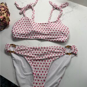 Roller Rabbit White Bikini with Pink Heart Print and Tortoiseshell Rings